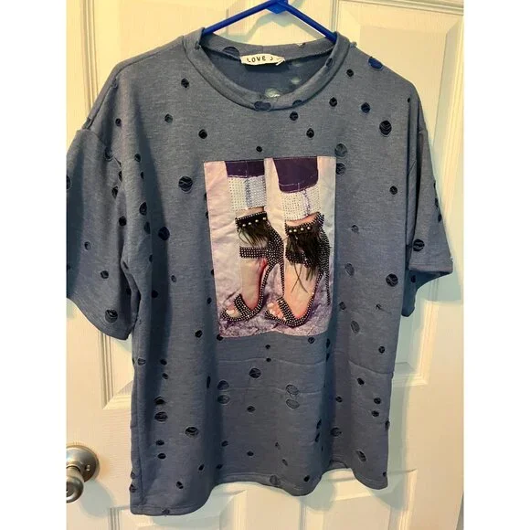 LOVE J Blue Blouse Top T-shirt w Holes Distressed Heels Shoes Pop Art Trendy S - Picture 1 of 13